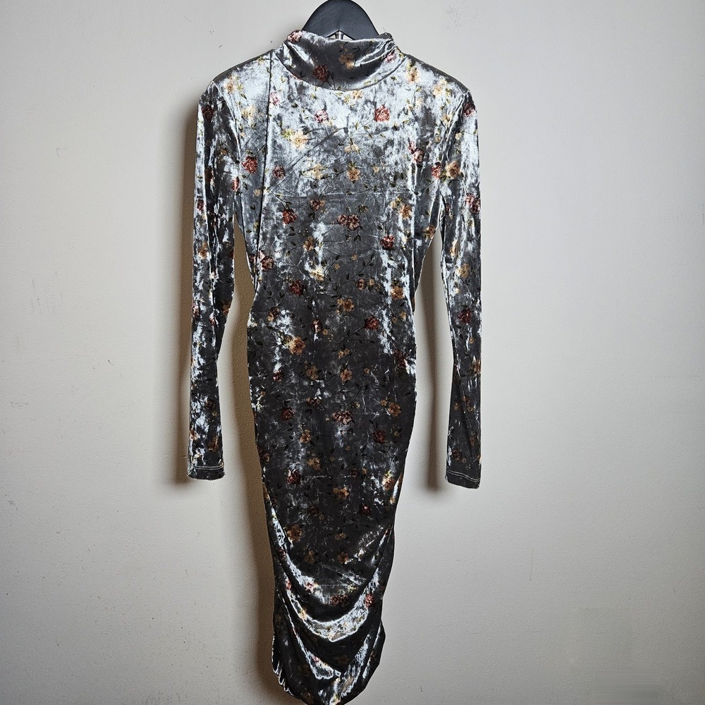 Guess Silver Floral Crushed Velvet Mock Neck Midi Dress Long Sleeve Grey XS